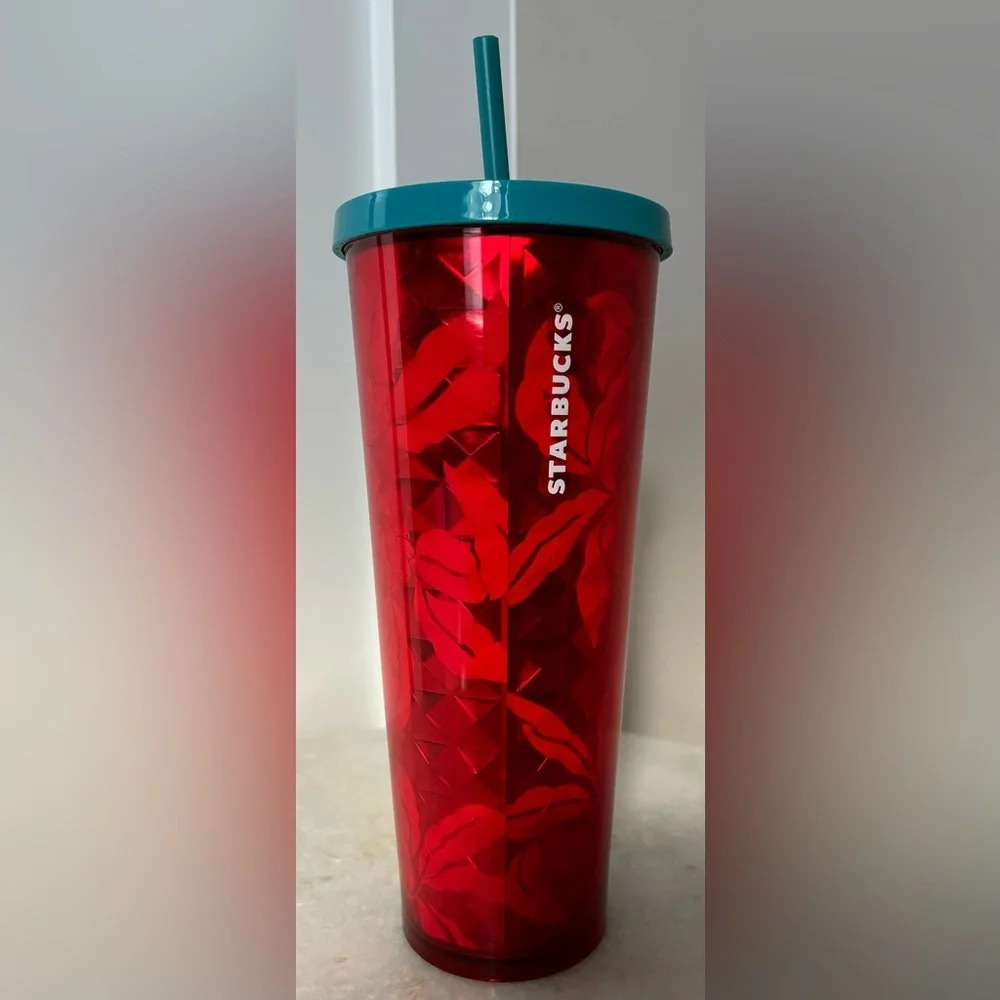 STARBUCKS Rare Red Flower & Teal Lid Straw Tumbler 24oz Excellent Condition‎